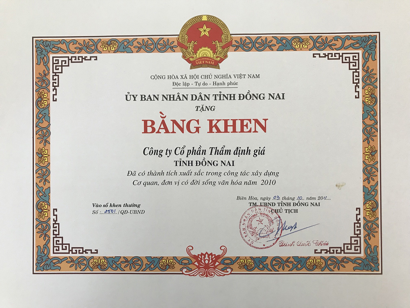 BẰNG KHEN UBND TỈNH ĐỒNG NAI 2011